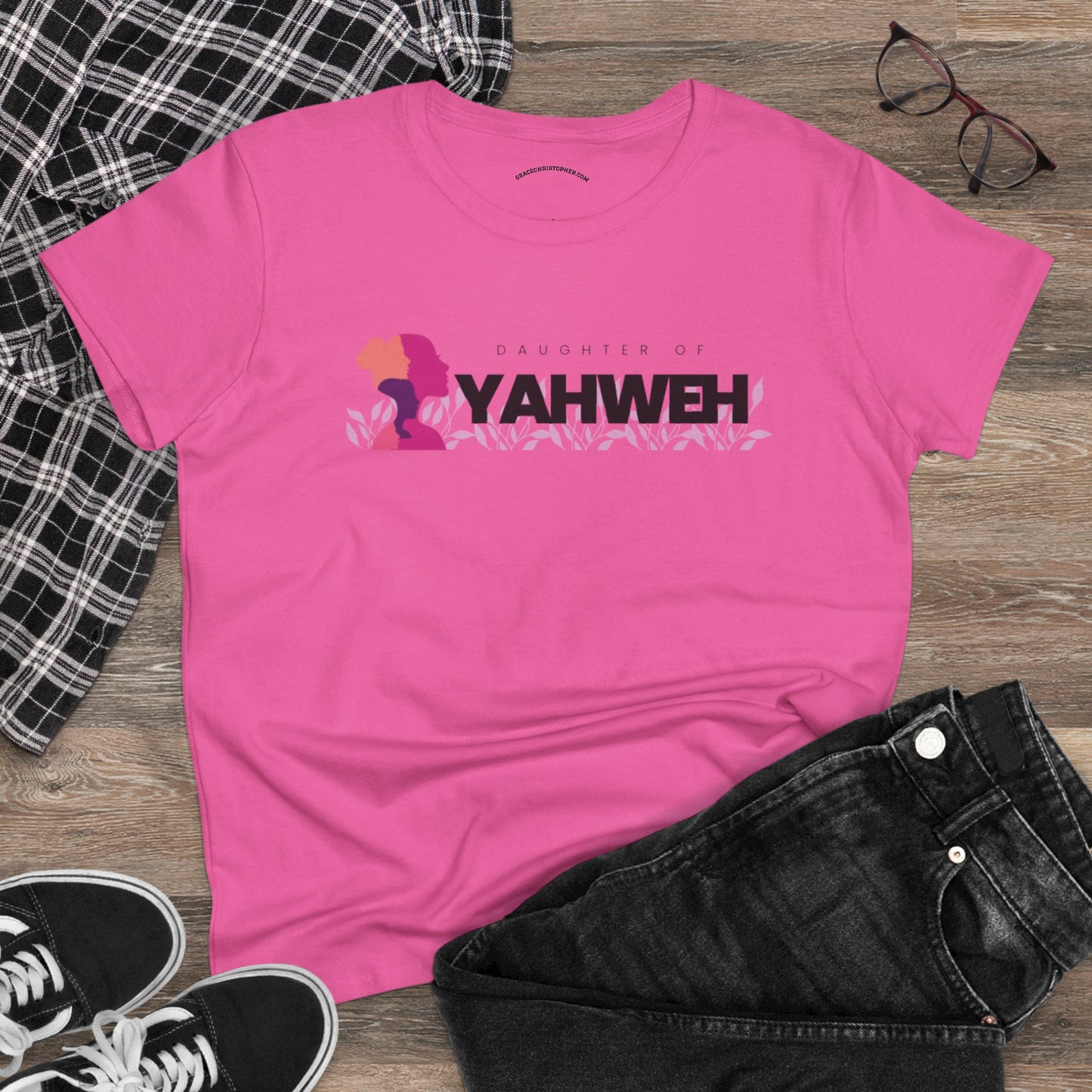 Women's Midweight Cotton Tee with YAHWEH Design, Casual T-Shirt, Fashion Gift, Spiritual Apparel, Everyday Wear, Faith-Based Clothing